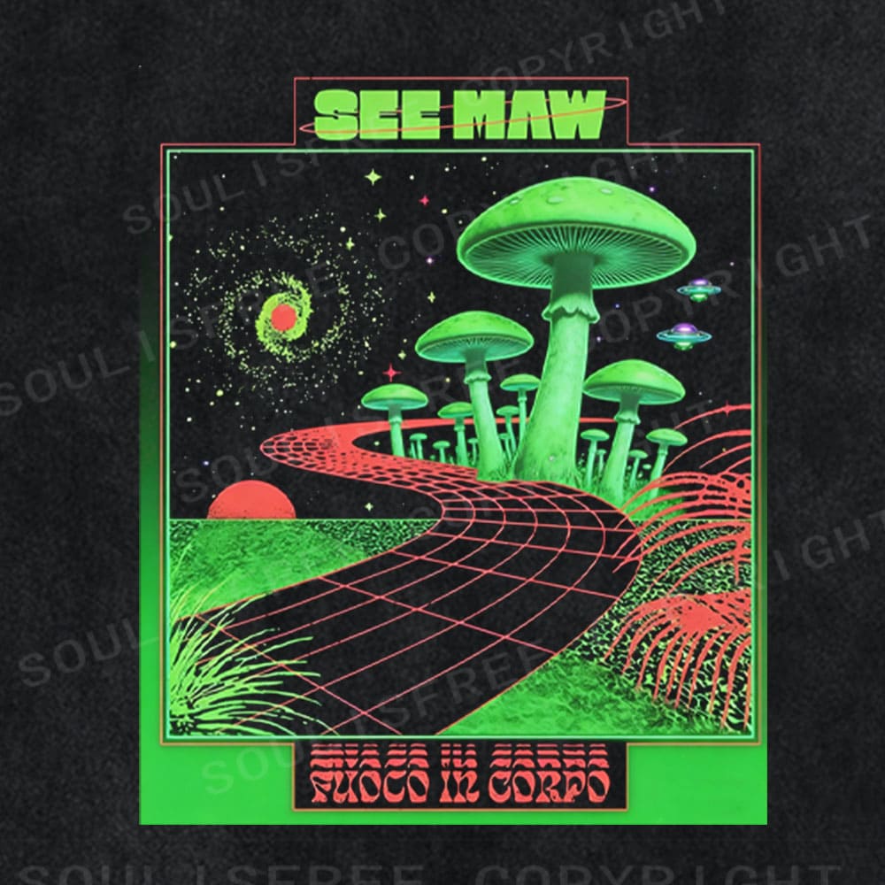Soulisfree Retro Sci-Fi Mushroom Landscape Washed Tee