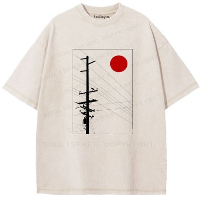Soulisfree Minimalist Red Sun & Power Pole Washed Tee