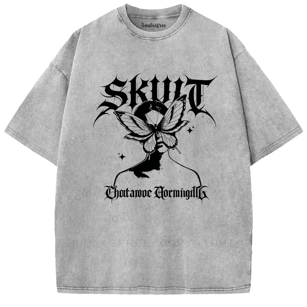 Soulisfree Gothic Butterfly Skull Vintage Washed Tee