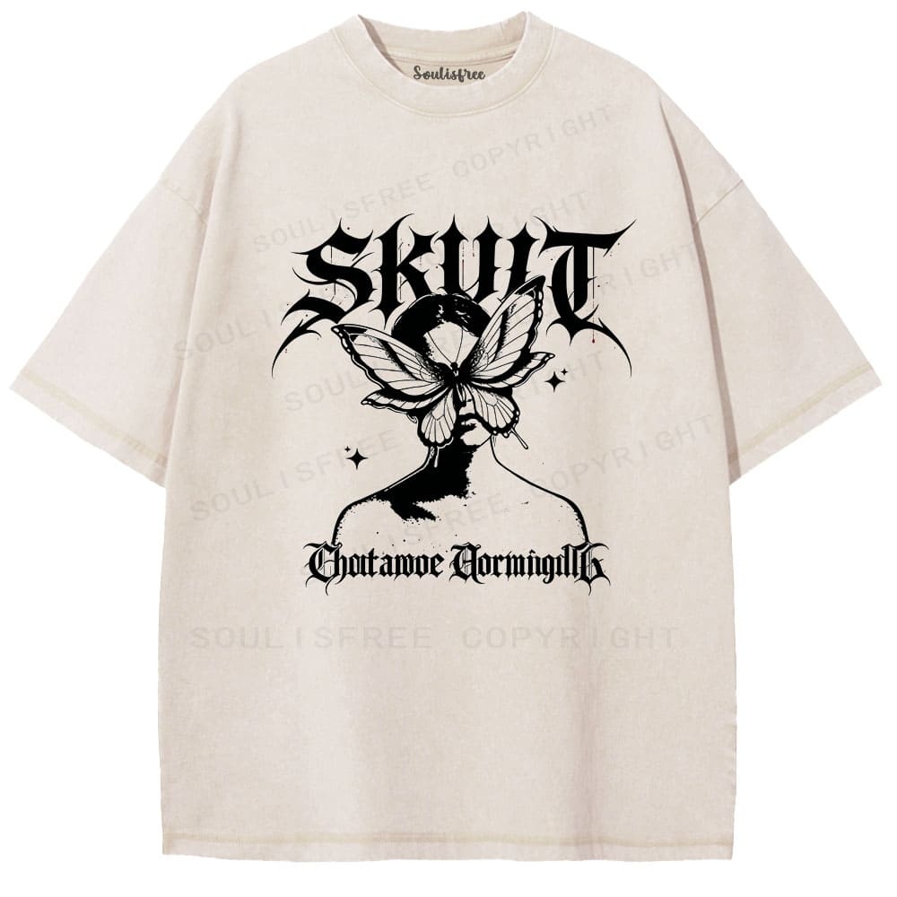 Soulisfree Gothic Butterfly Skull Vintage Washed Tee