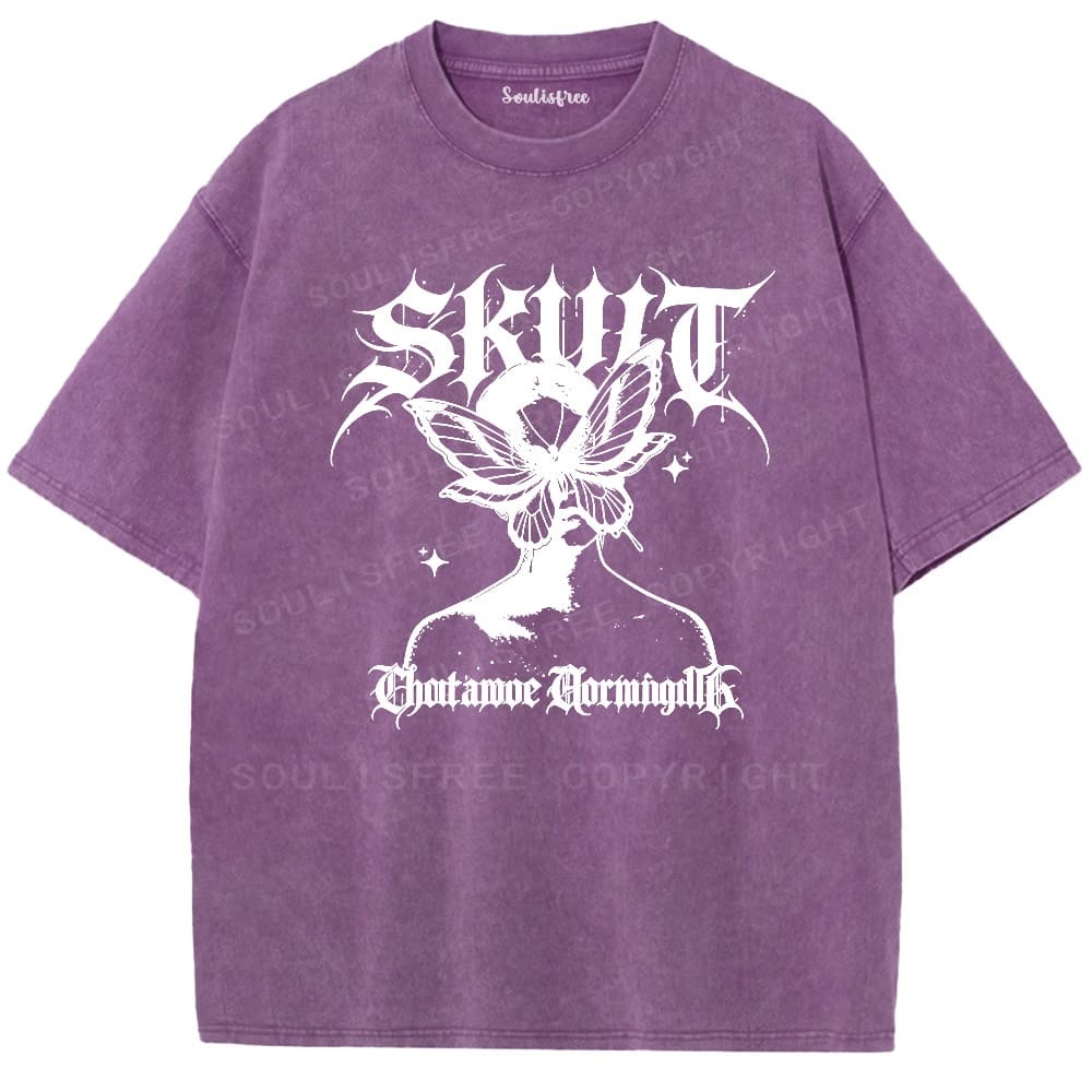 Soulisfree Gothic Butterfly Skull Vintage Washed Tee