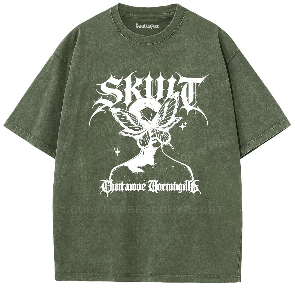Soulisfree Gothic Butterfly Skull Vintage Washed Tee