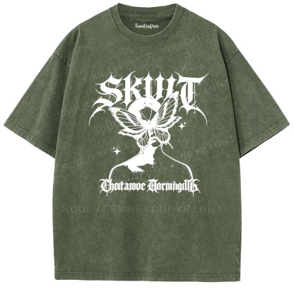 Soulisfree Gothic Butterfly Skull Vintage Washed Tee