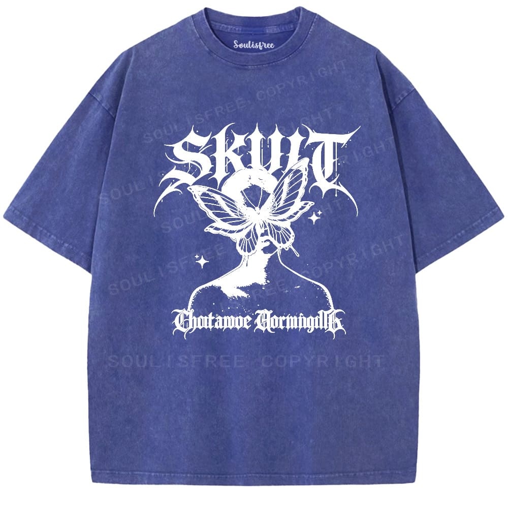 Soulisfree Gothic Butterfly Skull Vintage Washed Tee
