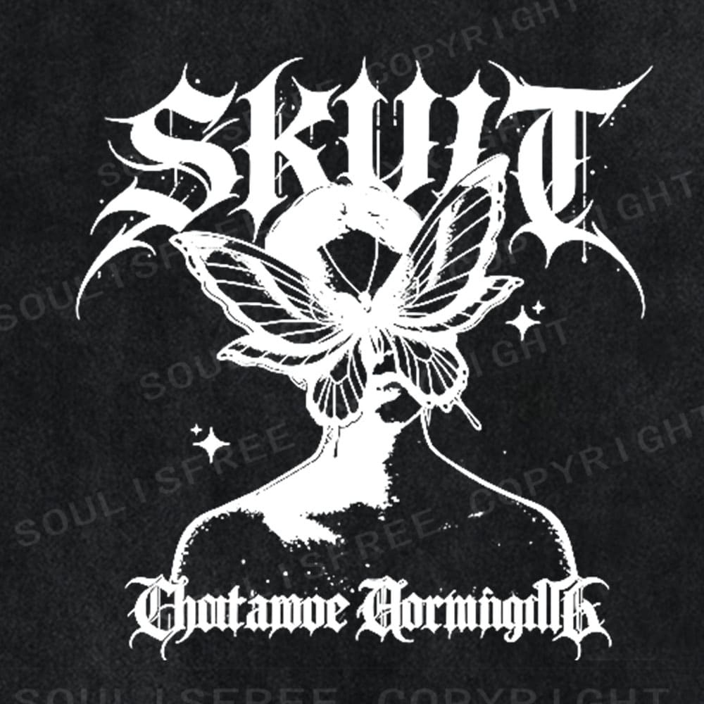Soulisfree Gothic Butterfly Skull Vintage Washed Tee