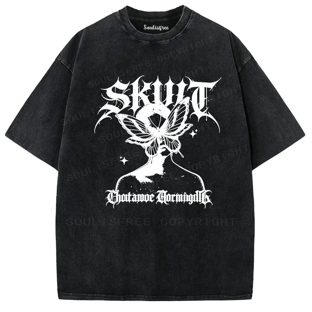 Soulisfree Gothic Butterfly Skull Vintage Washed Tee