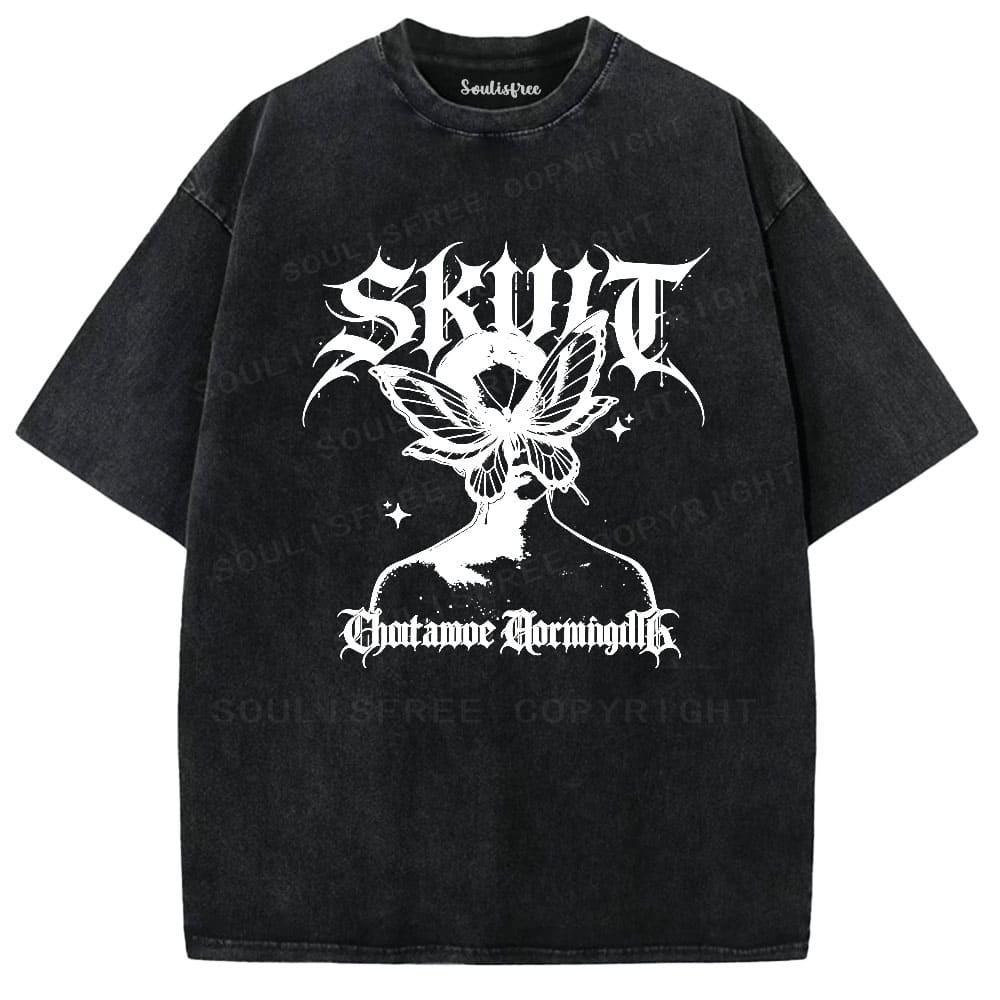 Soulisfree Gothic Butterfly Skull Vintage Washed Tee