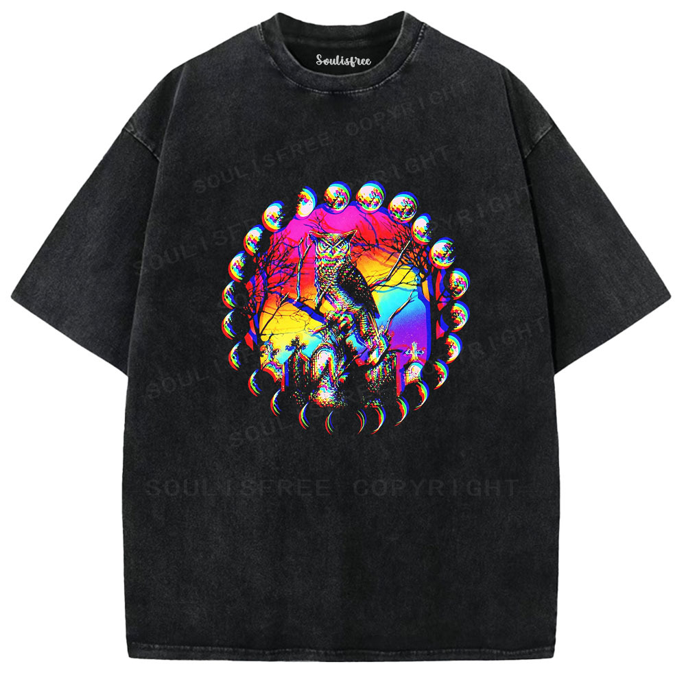 Soulisfree Mystic Owl Moon Cycle  Washed Tee
