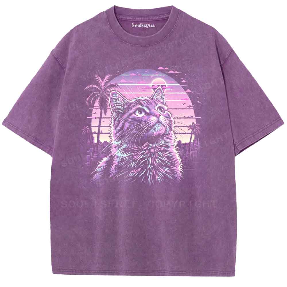 Soulisfree Vaporwave Neon Cat Washed Tee