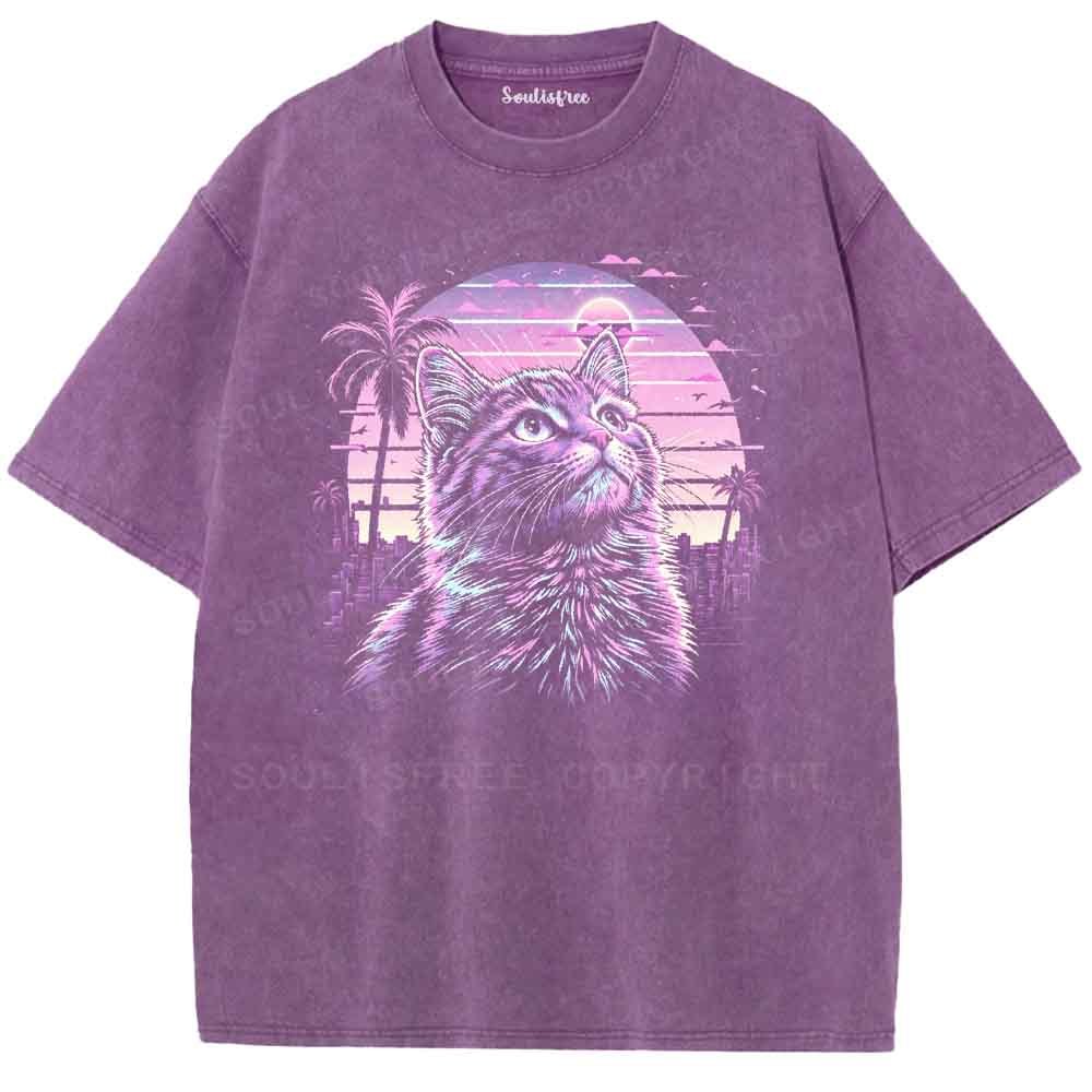 Soulisfree Vaporwave Neon Cat Washed Tee
