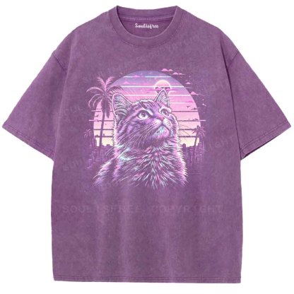 Soulisfree Vaporwave Neon Cat Washed Tee