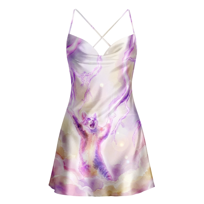 Soulisfree  Lightning Cat in Clouds Cowl Neck Satin Mini Dress