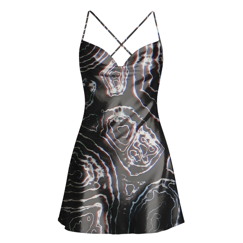 Soulisfree Holographic Topographic Lines Cowl Neck Satin Mini Dress