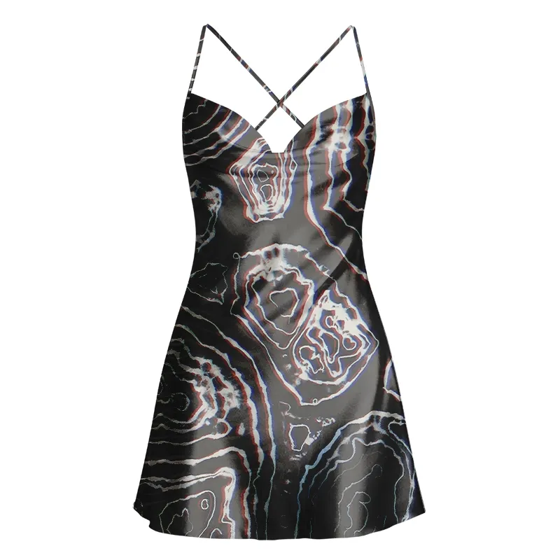 Soulisfree Holographic Topographic Lines Cowl Neck Satin Mini Dress