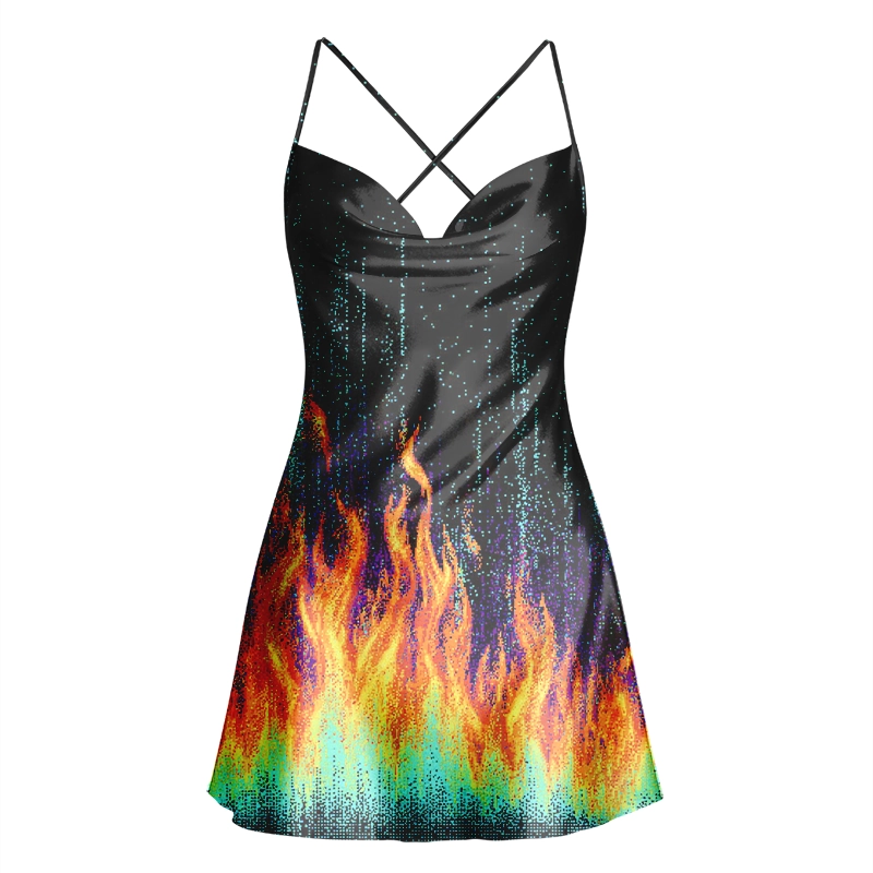 Soulisfree Digital Rainbow Flame Cowl Neck Satin Mini Dress