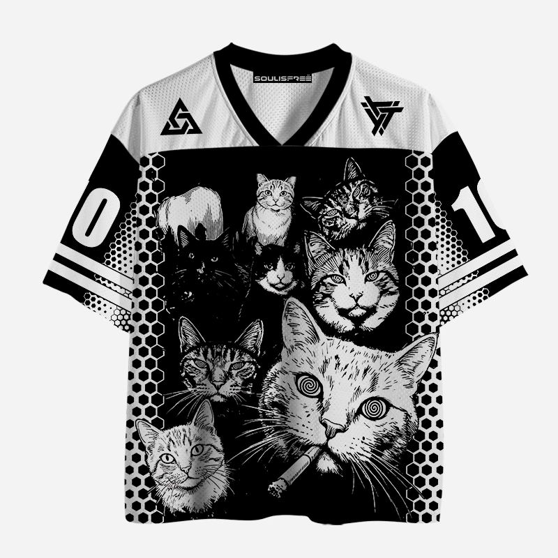 Soulisfree Black & White Cat Crew Mesh Jersey