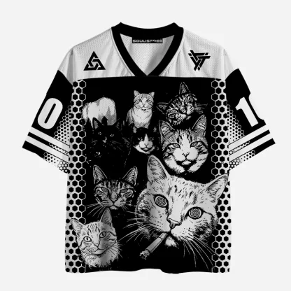 Soulisfree Black & White Cat Crew Mesh Jersey