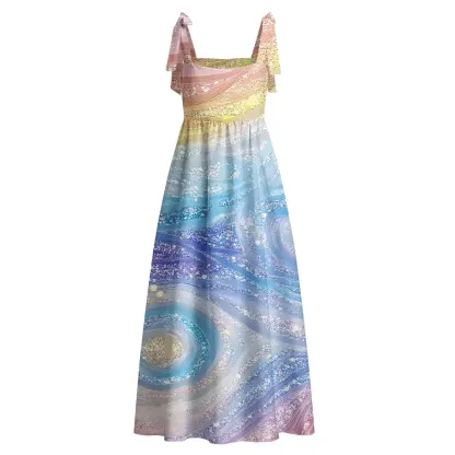 Soulisfree Glittery Rainbow Ombre Swirl Maxi Dress – Bow Strap