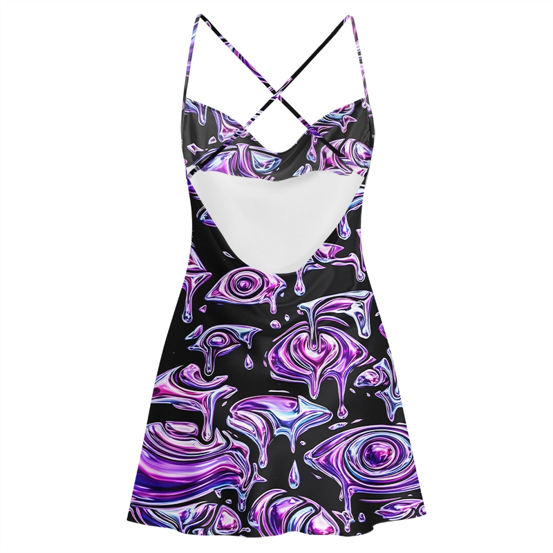 Soulisfree Psychedelic Melting Gaze Cowl Neck Satin Mini Dress
