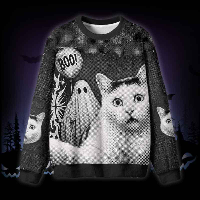 Soulisfree Spooked Cat Fuzzy Crewneck Sweater