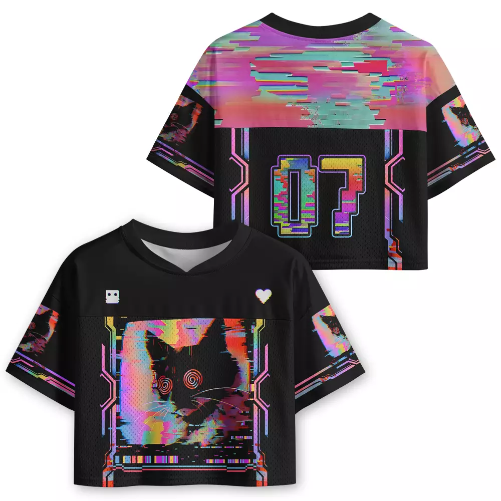 Soulisfree Glitchy Cat Vibes Optic Lines Illusion Cropped Jersey
