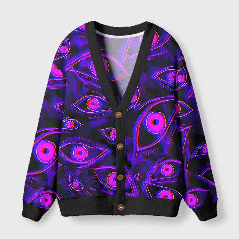 Soulisfree Neon Eyes of the Universe Fuzzy Cardigan Sweater