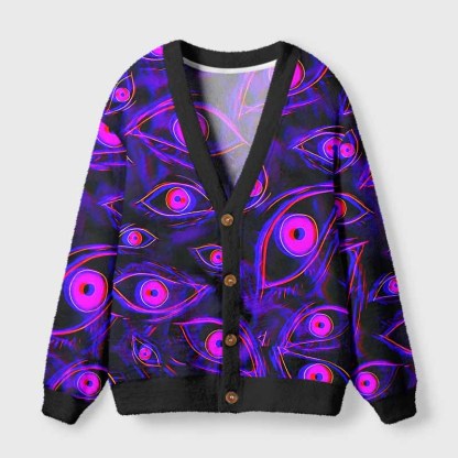 Soulisfree Neon Eyes of the Universe Fuzzy Cardigan Sweater