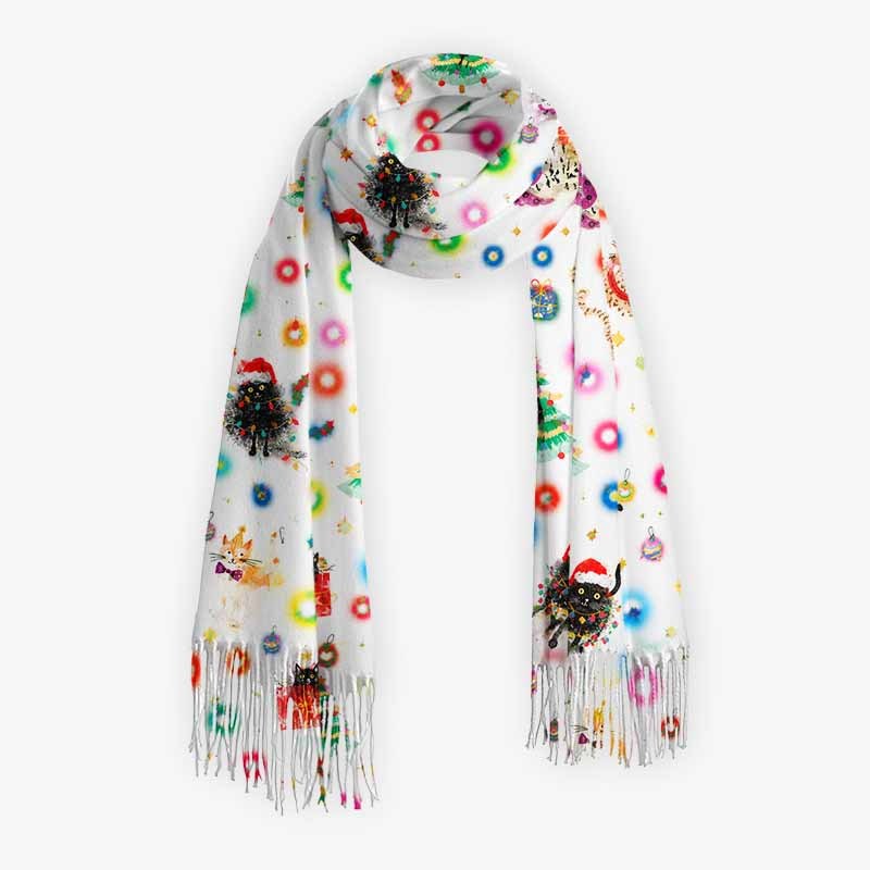 Soulisfree Whiskers And Christmas Wishes Fuzzy Fringed Scarf