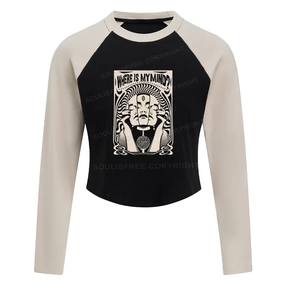 Where Is My Brain Color Block Raglan Long Sleeve Crop Top