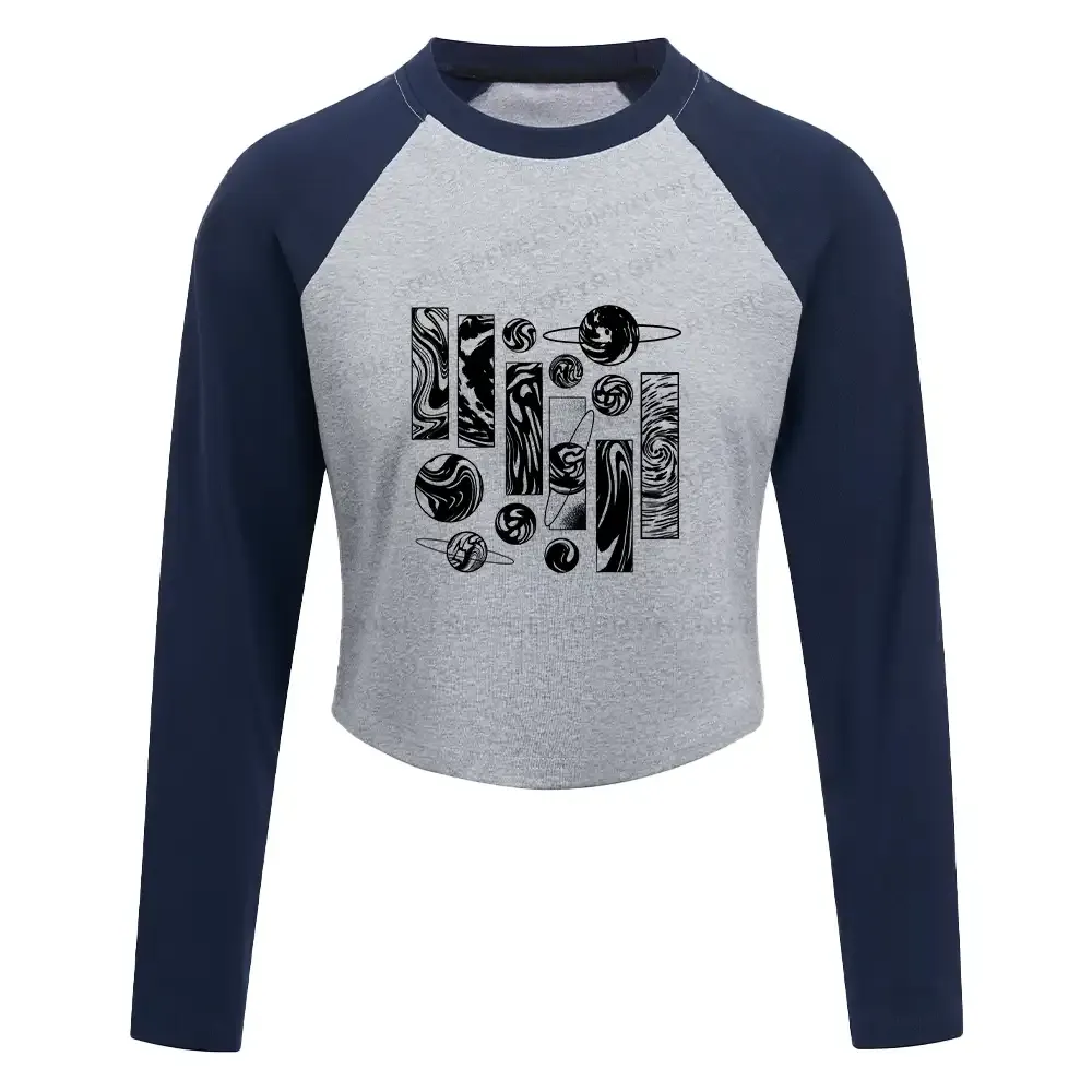 Designed Galaxy Block Raglan Long Sleeve Crop Top