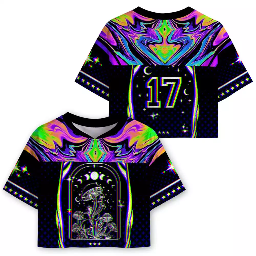 Soulisfree Mushroom of Rainbow Optic Lines Illusion Cropped Mesh Jersey