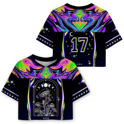 Soulisfree Mushroom of Rainbow Optic Lines Illusion Cropped Mesh Jersey