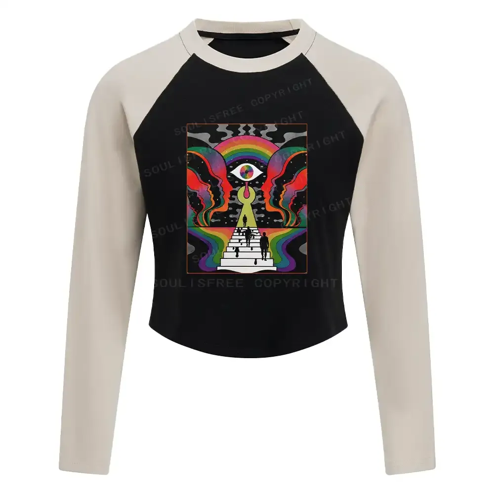 Designed Step Into the Mind Block Raglan Long Sleeve Crop Top