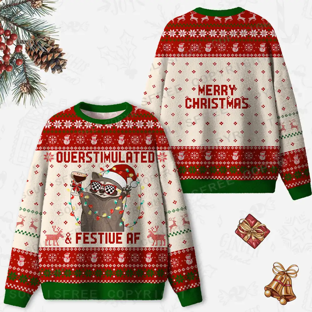Overstimulated & Festive AF Ugly Christmas Knit Sweatshirt