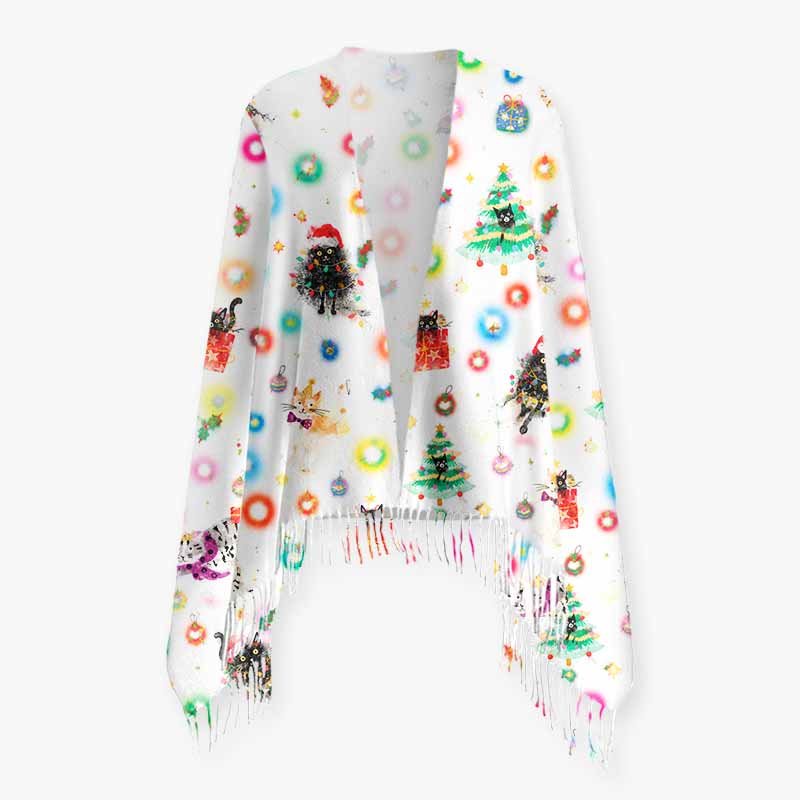 Soulisfree Whiskers And Christmas Wishes Fuzzy Fringed Scarf