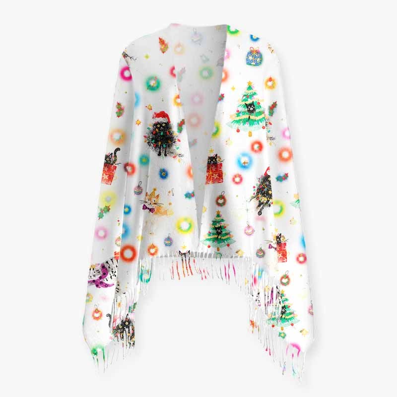 Soulisfree Whiskers And Christmas Wishes Fuzzy Fringed Scarf