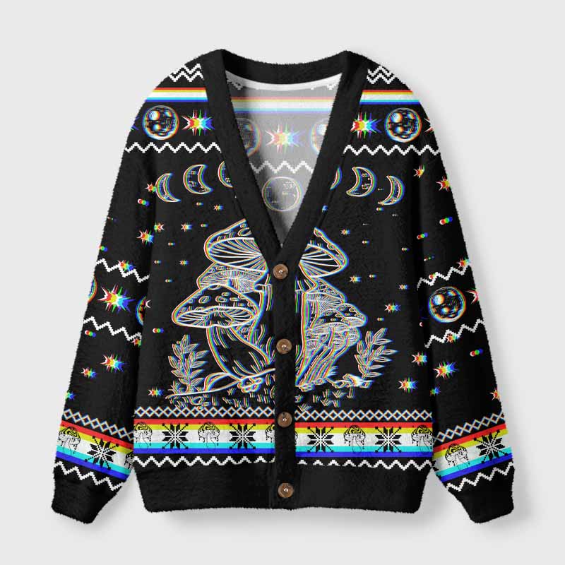 Soulisfree Mushroom and Moon Fuzzy Cardigan Sweater 