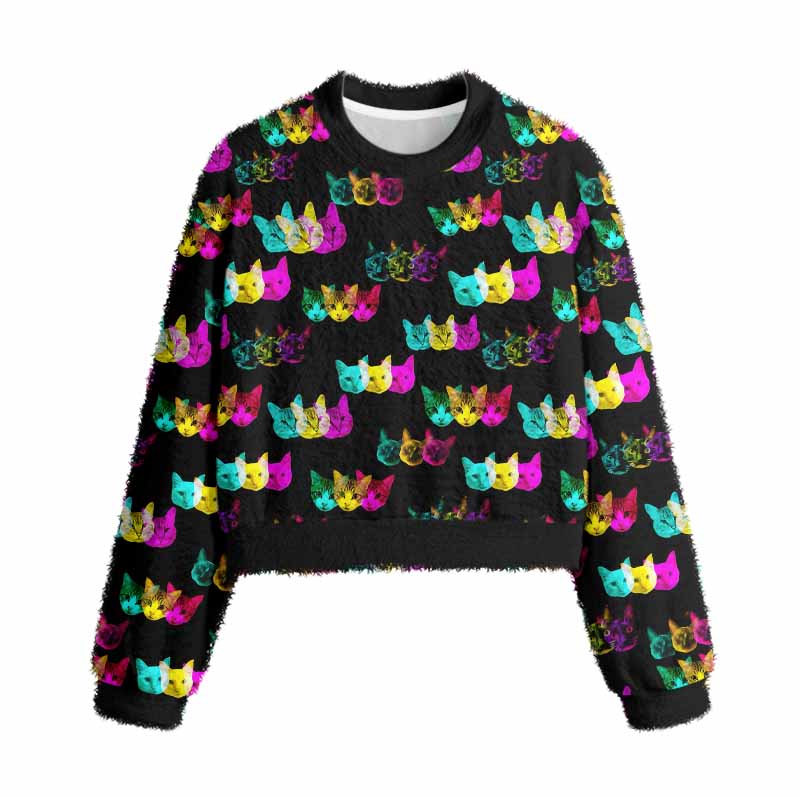 Soulisfree Glitch Art Neon Cat Women's Fuzzy Crewneck Sweater