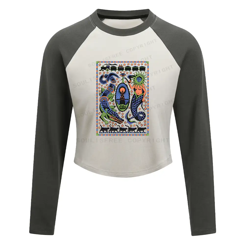 Mysterious Place Washed Cropped Sweatshirt Block Raglan Long Sleeve Crop Top