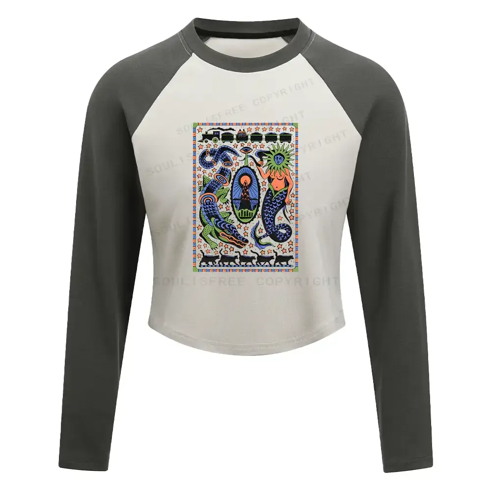 Mysterious Place Washed Cropped Sweatshirt Block Raglan Long Sleeve Crop Top