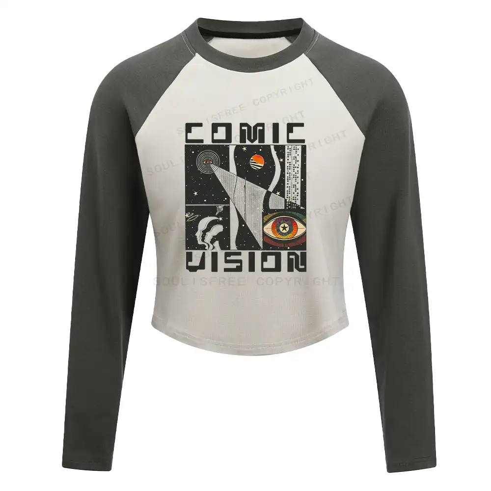 Comic Vision Washed Space T-shirt Block Raglan Long Sleeve Crop Top