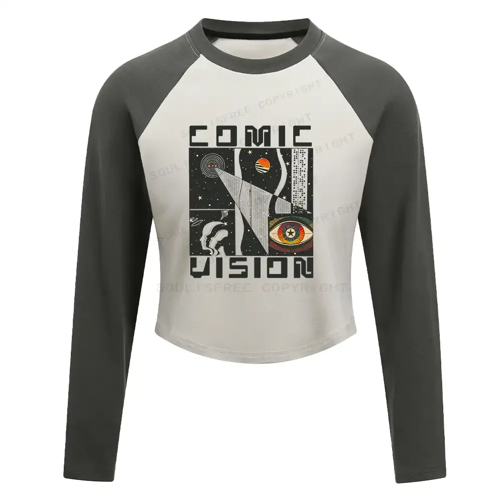 Designed Comic Vision Washed Space T-shirt Block Raglan Long Sleeve Crop Top
