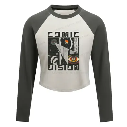 Comic Vision Washed Space T-shirt Block Raglan Long Sleeve Crop Top