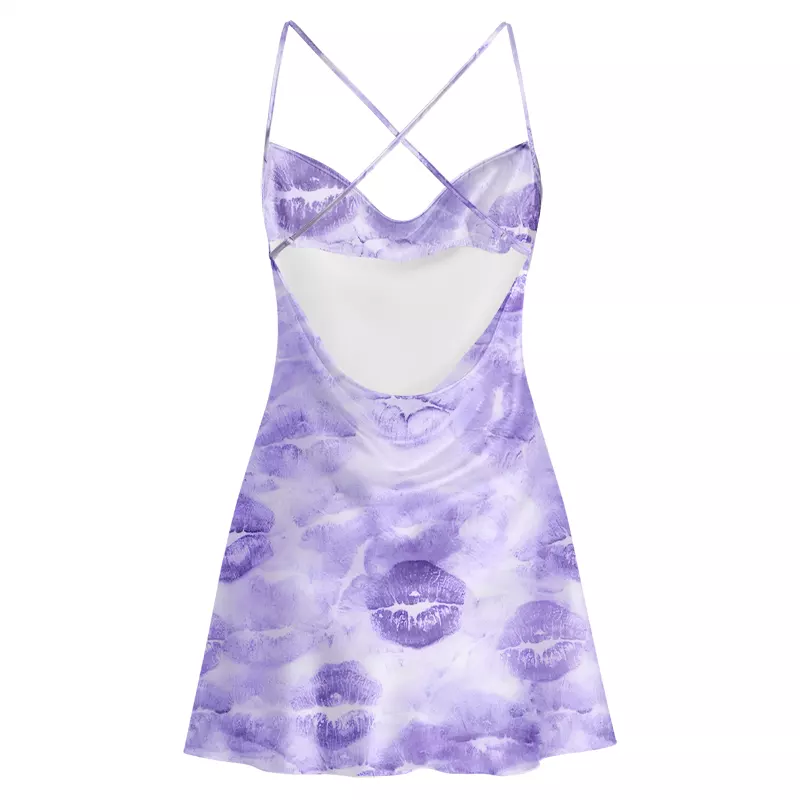 Soulisfree Lavender Lip Print Wash  Cowl Neck Satin Mini Dress
