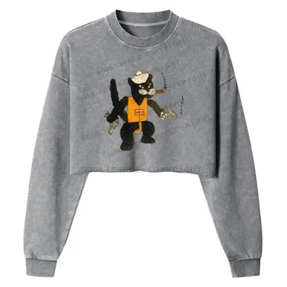 Black Cat Patrol Squadron Washed Cropped Sweatshirt