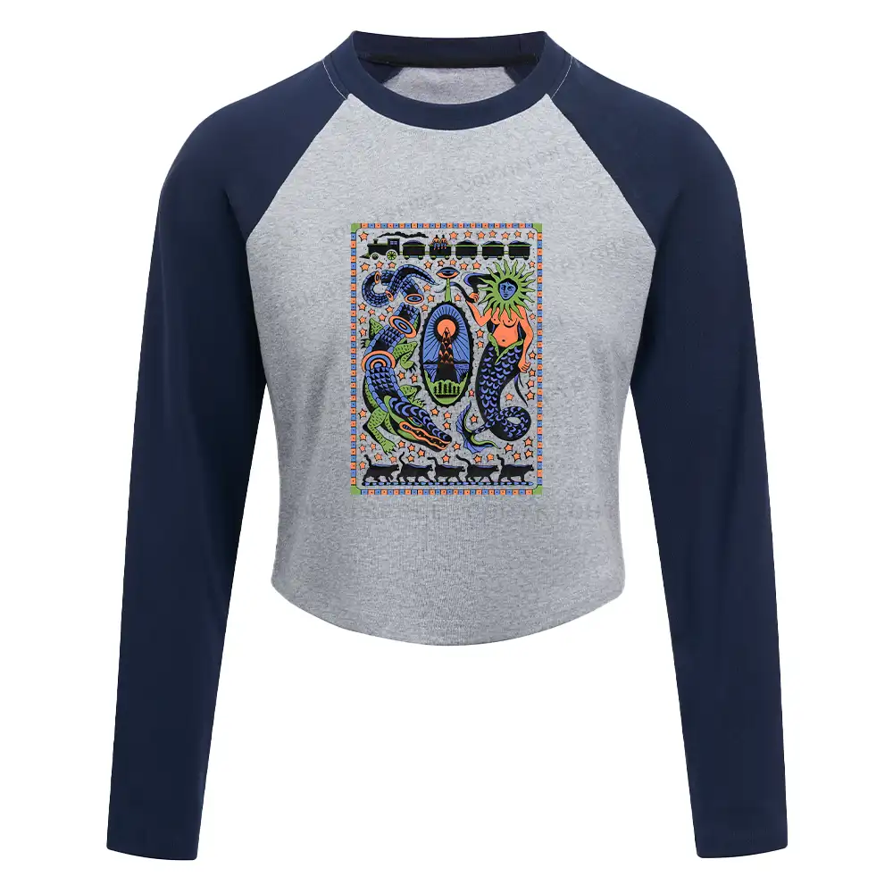 Mysterious Place Washed Cropped Sweatshirt Block Raglan Long Sleeve Crop Top