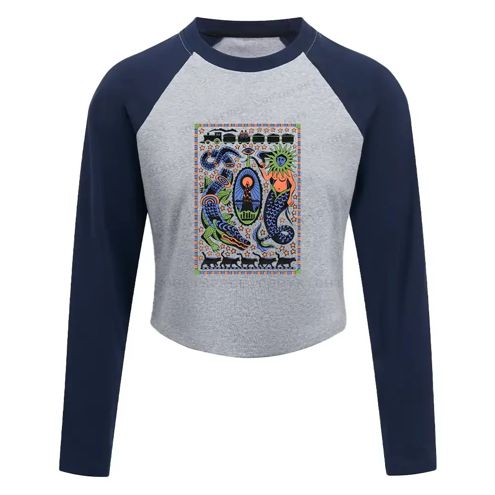 Designed Mysterious Place Washed Cropped Sweatshirt Block Raglan Long Sleeve Crop Top