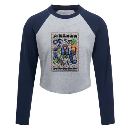 Mysterious Place Washed Cropped Sweatshirt Block Raglan Long Sleeve Crop Top