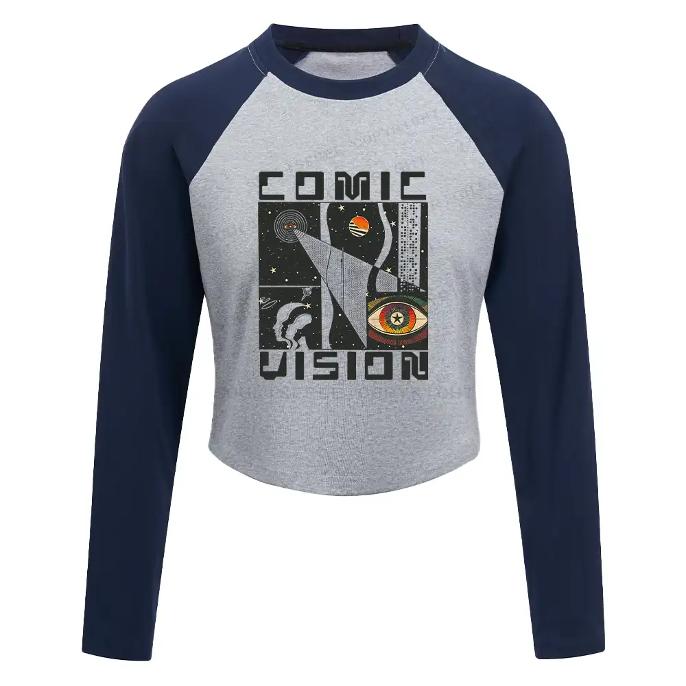 Comic Vision Washed Space T-shirt Block Raglan Long Sleeve Crop Top