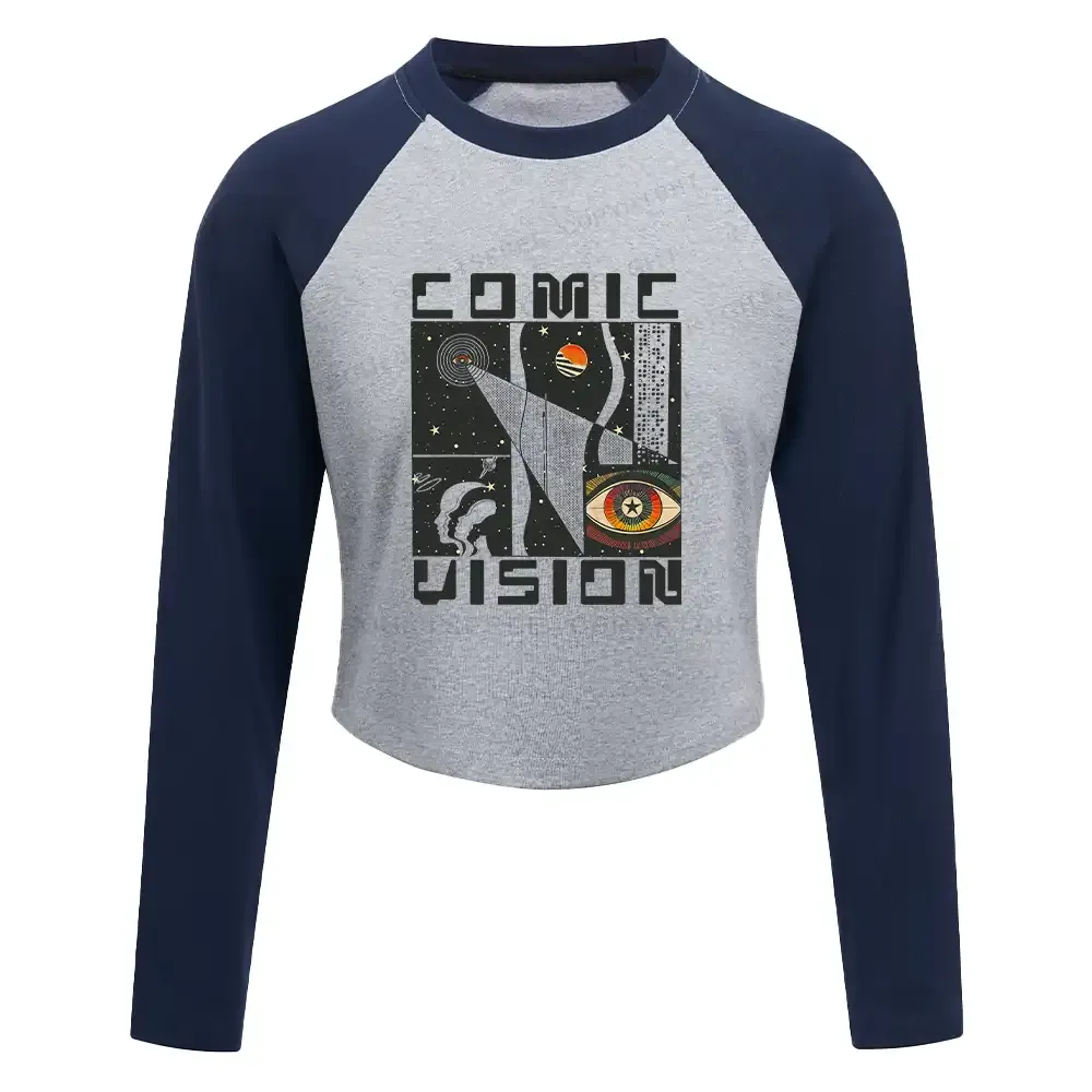 Comic Vision Washed Space T-shirt Block Raglan Long Sleeve Crop Top